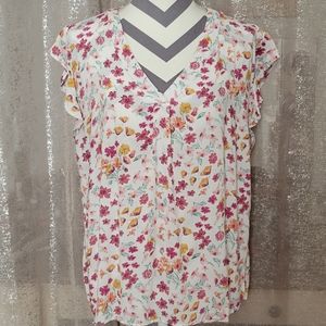 Cynthia Rowley Ruffled Sleeve Floral V-neck Tee